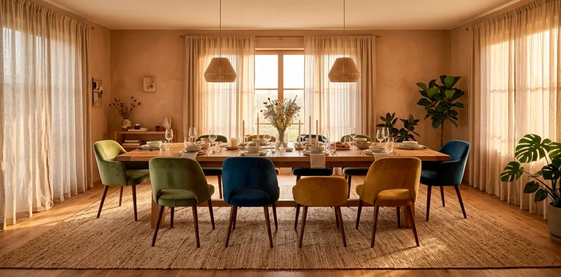 Wide landscape view of a cozy dining room with warm wood furniture, soft textiles, and golden hour lighting.