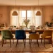 Wide landscape view of a cozy dining room with warm wood furniture, soft textiles, and golden hour lighting.