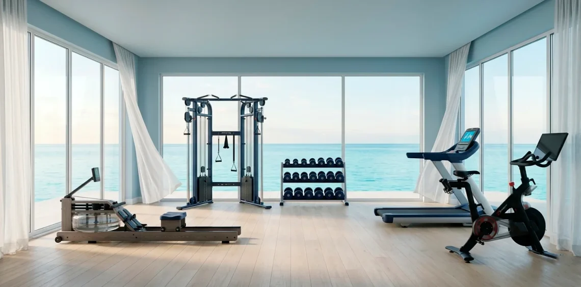 Luxury coastal home gym with mist blue walls and ocean views through large windows.