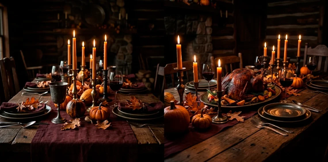 Moody dark cottagecore Thanksgiving dining table featuring glowing taper candles, dark linen, and tarnished silver.