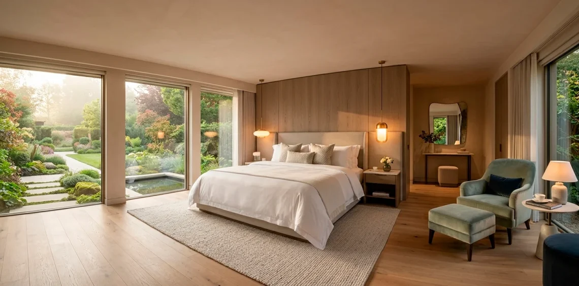Luxury boutique guest room with high-end bedding and elegant designer lighting in a neutral palette.