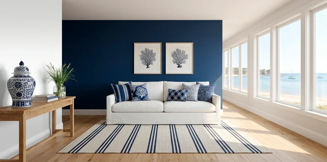 A sophisticated modern coastal living room featuring a navy accent wall, white linen sofa, and navy throw pillows.