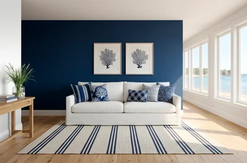 A sophisticated modern coastal living room featuring a navy accent wall, white linen sofa, and navy throw pillows.
