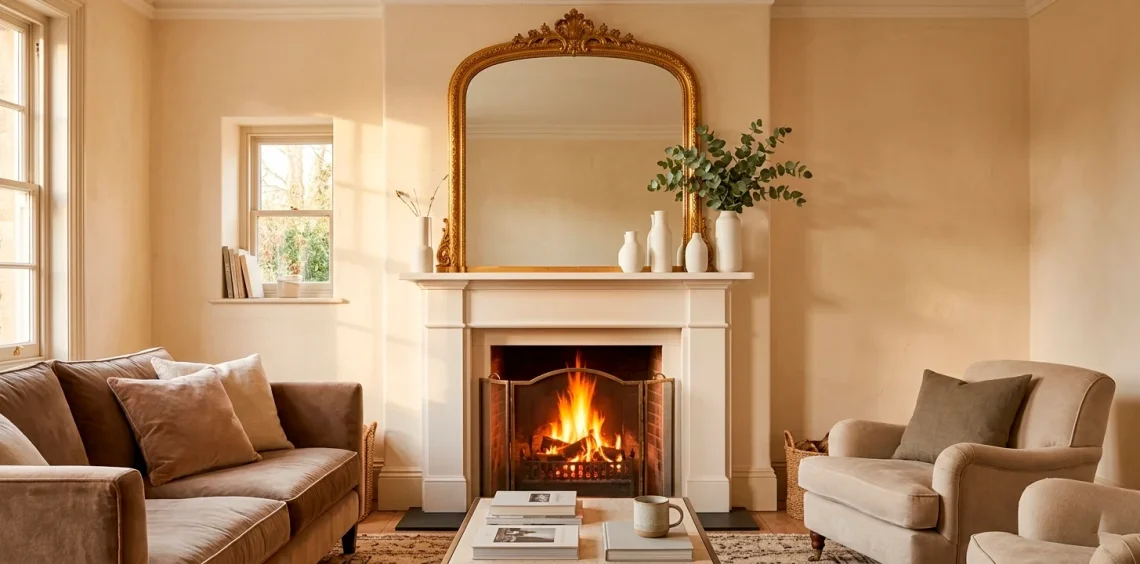 A wide horizontal view of an ornate gold Victorian mirror styled elegantly above a living room fireplace mantel