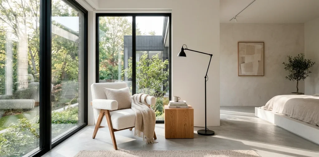 Serene modern minimalist bedroom reading nook with a white boucle chair and matte black floor lamp.
