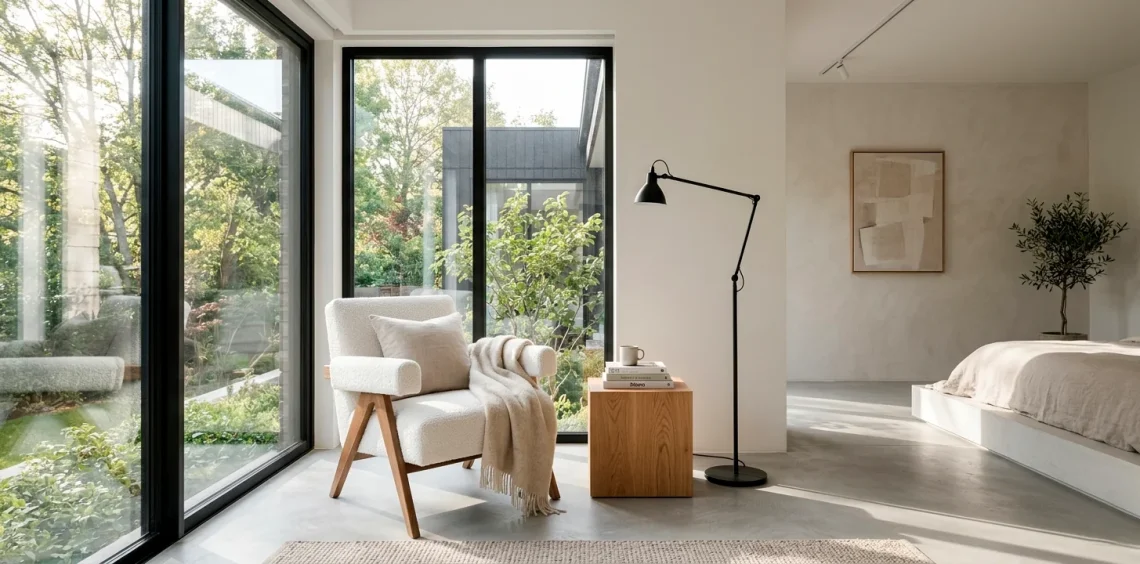 Serene modern minimalist bedroom reading nook with a white boucle chair and matte black floor lamp.