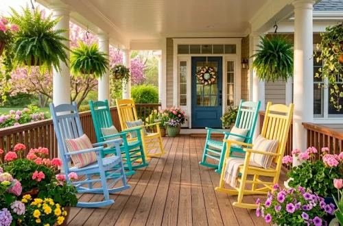 Vibrant colorful rocking chairs lined up on a beautiful spring front porch surrounded by lush green ferns and blooming flowers.