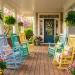 Vibrant colorful rocking chairs lined up on a beautiful spring front porch surrounded by lush green ferns and blooming flowers.