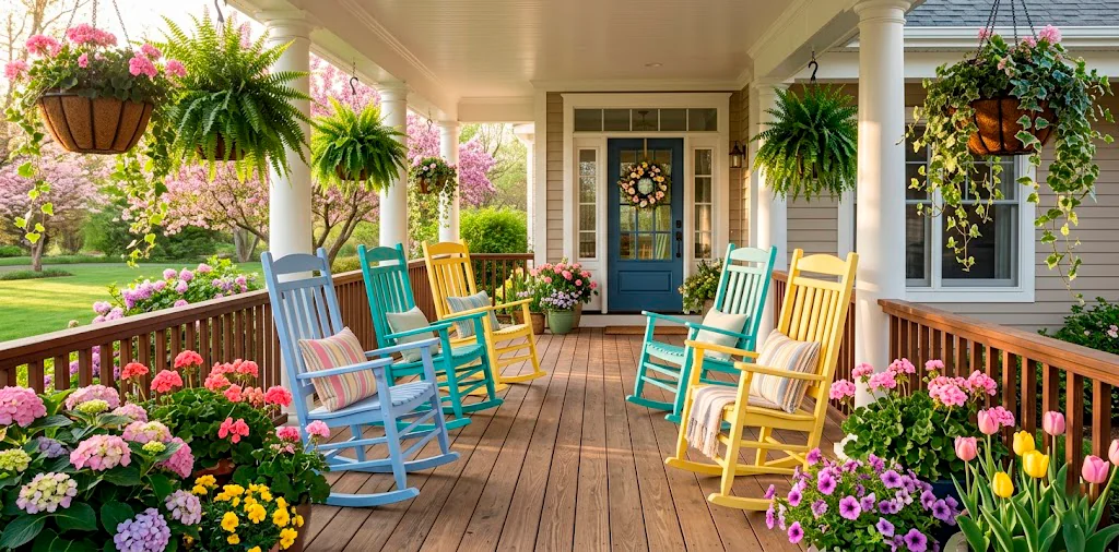Vibrant colorful rocking chairs lined up on a beautiful spring front porch surrounded by lush green ferns and blooming flowers.