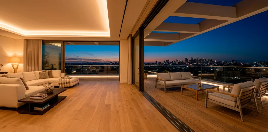 Luxurious modern living room seamlessly transitioning into an elegant outdoor balcony space at dusk with cohesive furniture.