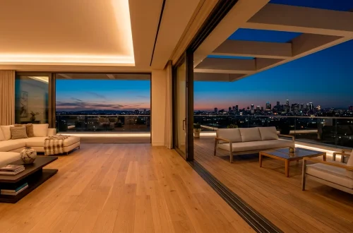 Luxurious modern living room seamlessly transitioning into an elegant outdoor balcony space at dusk with cohesive furniture.