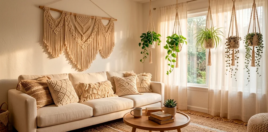 Bohemian small living room with macramé wall hanging and fiber art decor in warm sunlight.