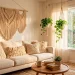 Bohemian small living room with macramé wall hanging and fiber art decor in warm sunlight.