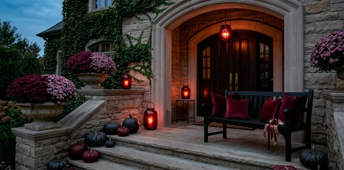 Sophisticated fall porch with dark burgundy and plum decor, glowing lanterns, and rich autumn textures.