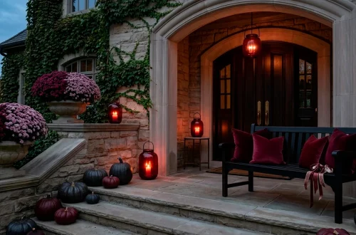 Sophisticated fall porch with dark burgundy and plum decor, glowing lanterns, and rich autumn textures.