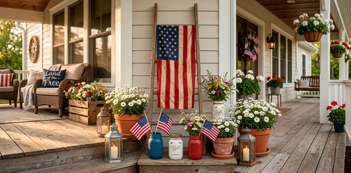 Cozy modern farmhouse porch decorated with rustic upcycled Memorial Day crafts and a tea-stained flag