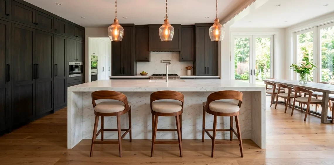 Luxurious modern kitchen bar counter with white marble top and comfortable upholstered stools under warm pendant lights.