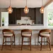 Luxurious modern kitchen bar counter with white marble top and comfortable upholstered stools under warm pendant lights.