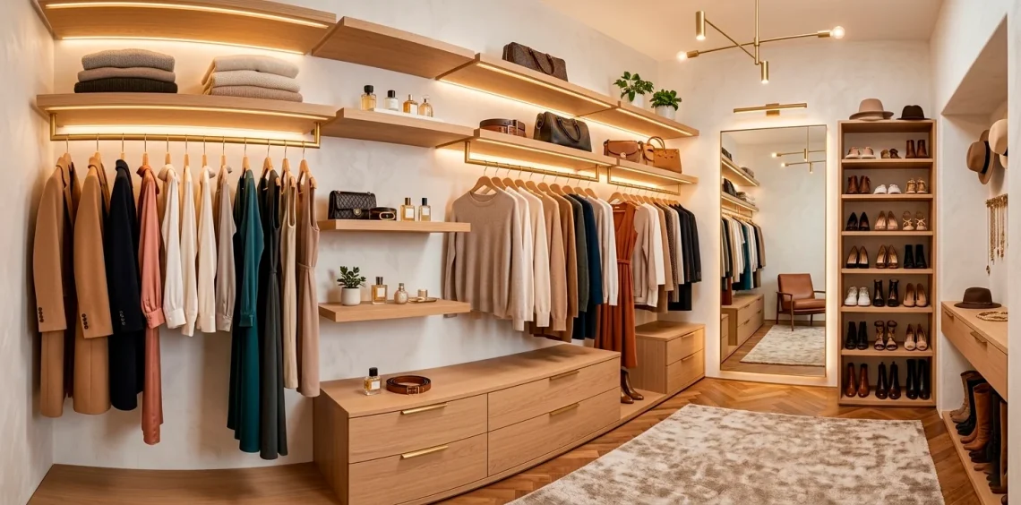 Beautifully organized small dressing room featuring creative hanging hacks and warm lighting