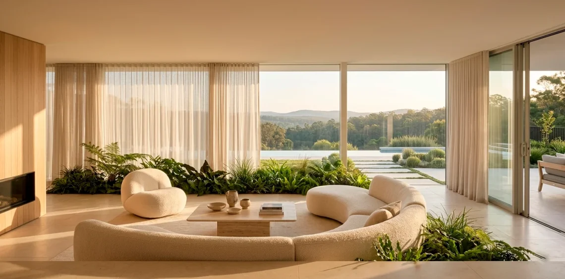 Panoramic 2026 wellness interior design showing biophilic living room with curved furniture and sunlight.