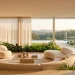 Panoramic 2026 wellness interior design showing biophilic living room with curved furniture and sunlight.