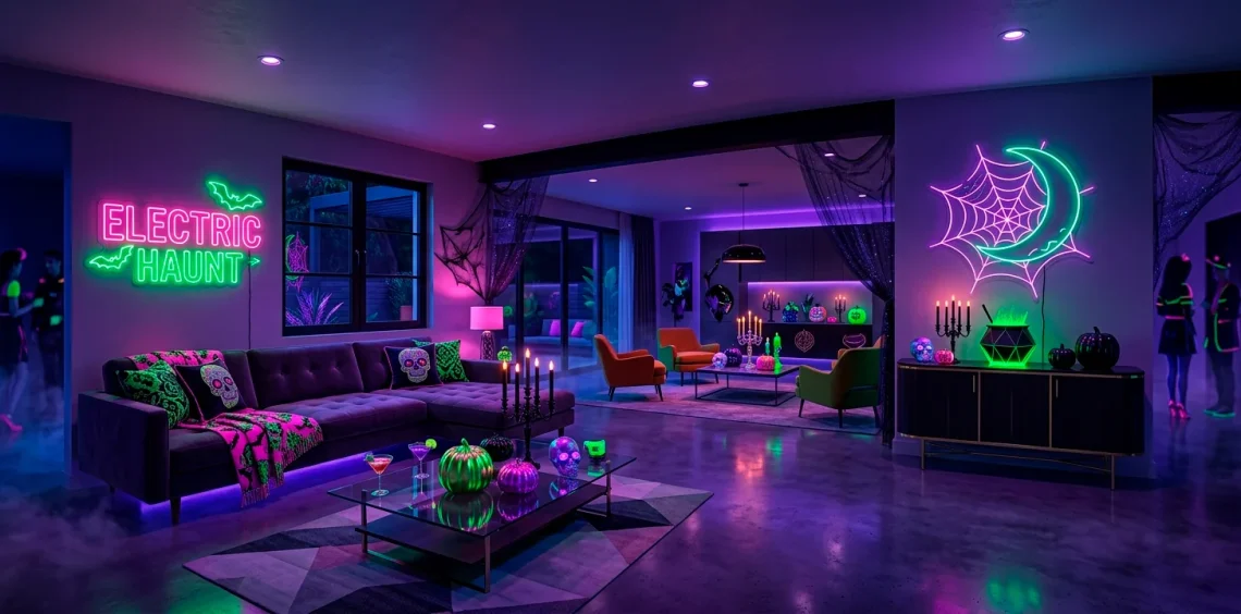 Modern living room glowing with vibrant pink and green neon lights for an electric Halloween party