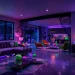 Modern living room glowing with vibrant pink and green neon lights for an electric Halloween party