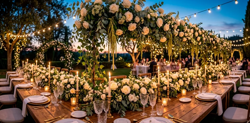 Oversized floral wedding table decorations with cascading greenery and glowing taper candles at twilight.