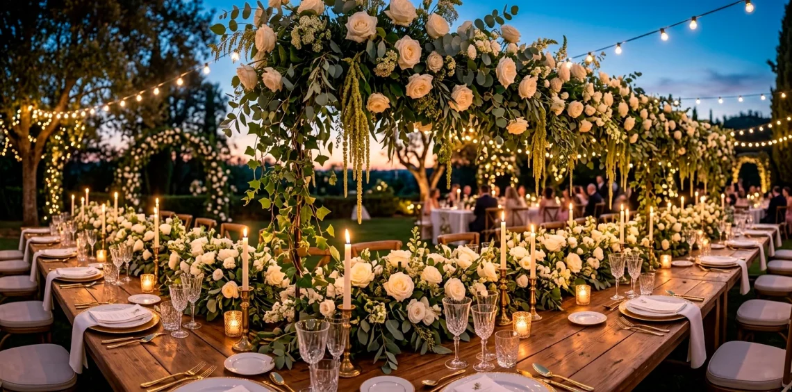 Oversized floral wedding table decorations with cascading greenery and glowing taper candles at twilight.