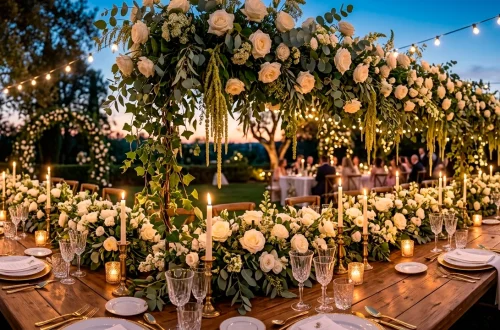 Oversized floral wedding table decorations with cascading greenery and glowing taper candles at twilight.