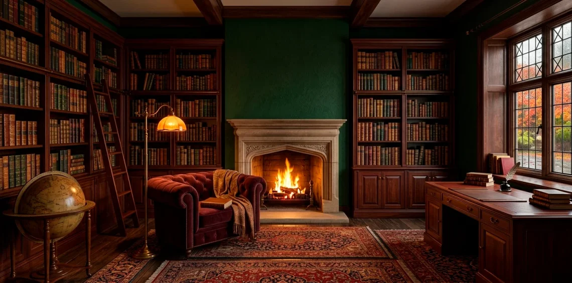 A wide horizontal dark academia study with forest green walls, book-filled shelves, and a warm glowing fireplace.