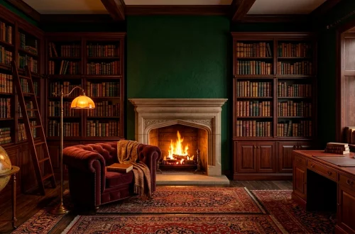 A wide horizontal dark academia study with forest green walls, book-filled shelves, and a warm glowing fireplace.