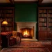 A wide horizontal dark academia study with forest green walls, book-filled shelves, and a warm glowing fireplace.