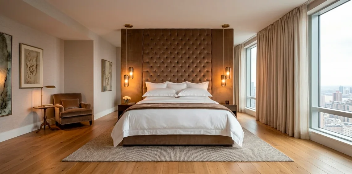 Luxurious five star hotel inspired master bedroom suite with elegant plush bedding and warm symmetrical lighting
