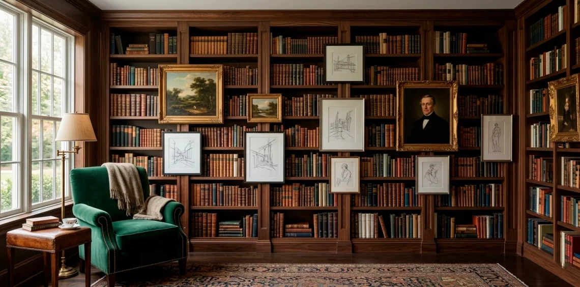 Wide landscape shot of a luxury home library with integrated gallery wall and cozy reading chair in warm lighting.