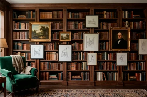 Wide landscape shot of a luxury home library with integrated gallery wall and cozy reading chair in warm lighting.