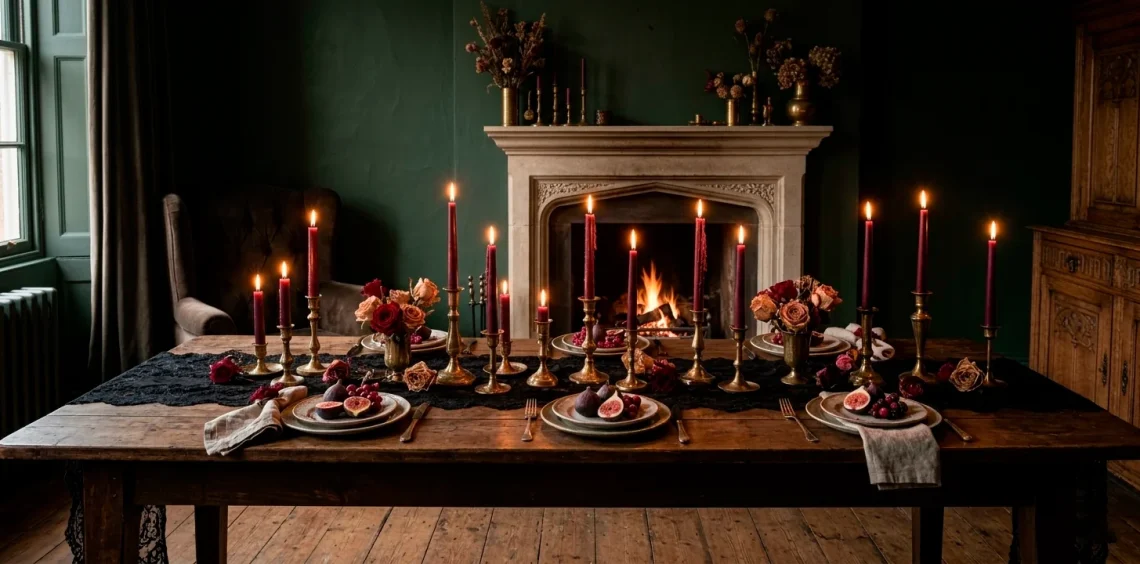Moody dark cottagecore Valentine's party dining room with black lace, brass candlesticks, and deep red roses.