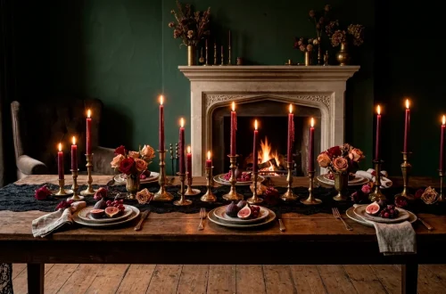 Moody dark cottagecore Valentine's party dining room with black lace, brass candlesticks, and deep red roses.