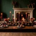Moody dark cottagecore Valentine's party dining room with black lace, brass candlesticks, and deep red roses.