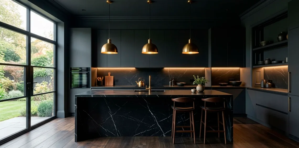 Luxurious moody dark kitchen featuring matte charcoal cabinets, brass pendant lights, and warm glowing under-cabinet LED strips.