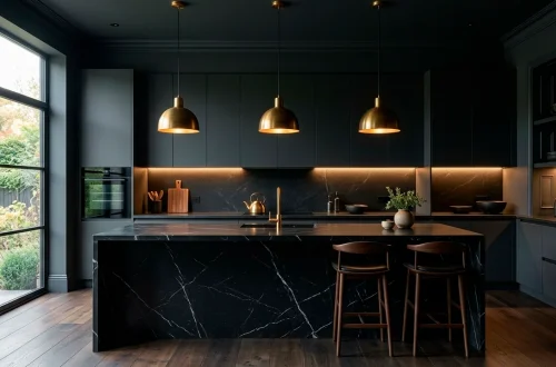 Luxurious moody dark kitchen featuring matte charcoal cabinets, brass pendant lights, and warm glowing under-cabinet LED strips.