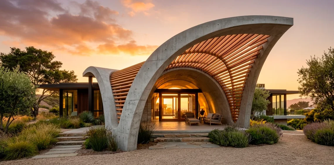 Modern home exterior featuring a bold sculptural porch with sweeping concrete arches and geometric wood louvers at sunset.