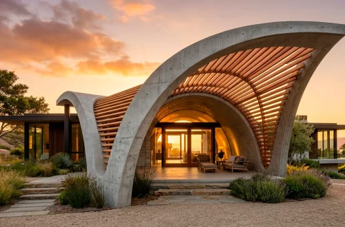 Modern home exterior featuring a bold sculptural porch with sweeping concrete arches and geometric wood louvers at sunset.