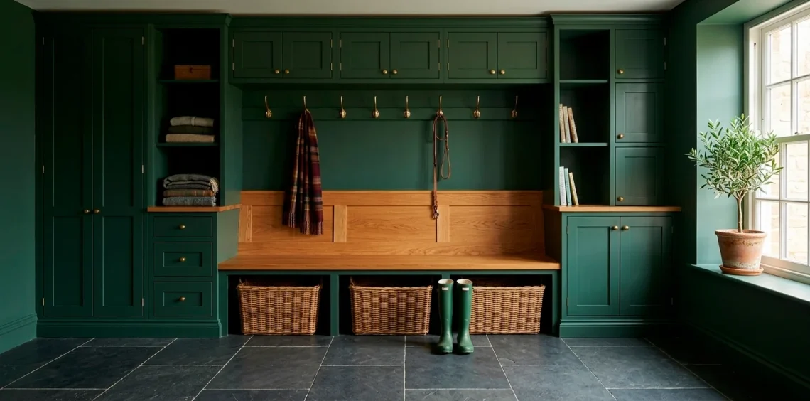 Wide landscape of a moody forest green mudroom with brass hooks, wood bench, and organized storage.