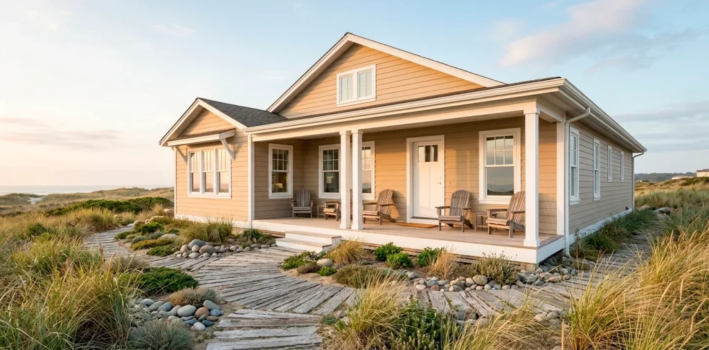 A modern coastal home featuring textured sandy neutral vinyl siding and crisp white architectural trim.