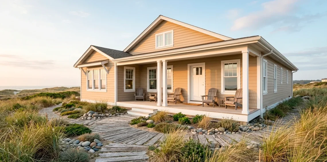 A modern coastal home featuring textured sandy neutral vinyl siding and crisp white architectural trim.