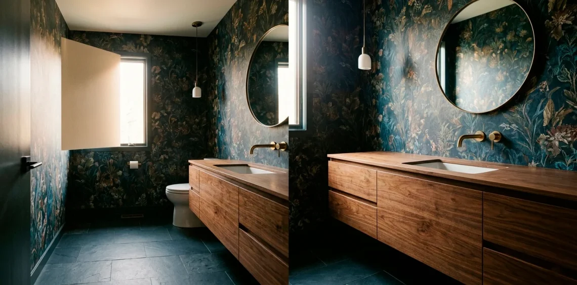 Small powder room featuring a floating walnut vanity and dramatic dark floral wallpaper