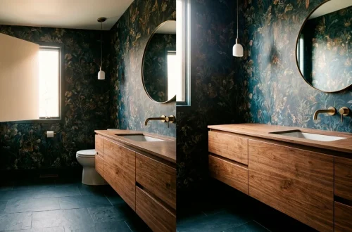 Small powder room featuring a floating walnut vanity and dramatic dark floral wallpaper