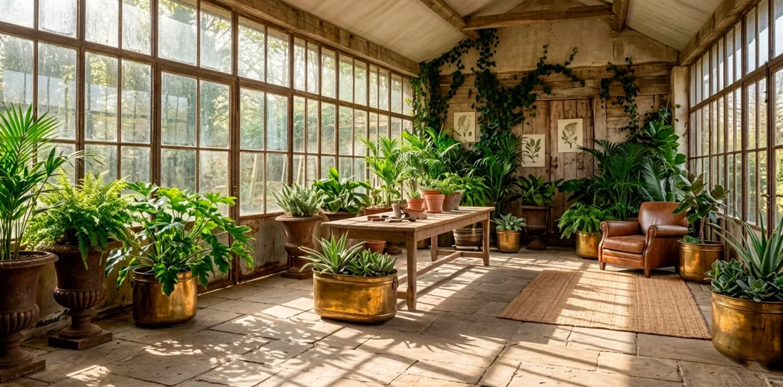 Rustic sunroom displaying lush green plants in authentic vintage brass and weathered iron antique planters.