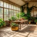 Rustic sunroom displaying lush green plants in authentic vintage brass and weathered iron antique planters.